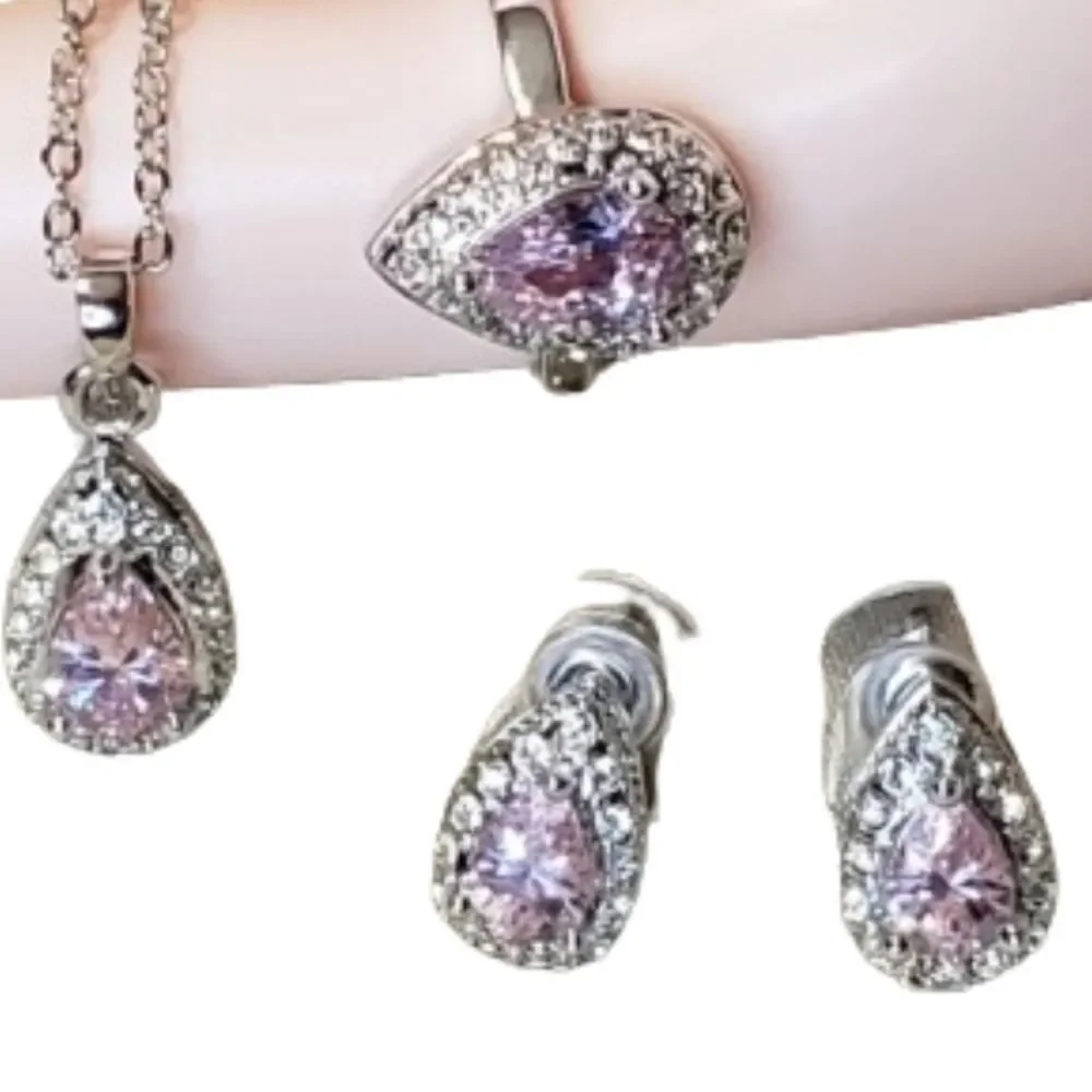 Pink sapphire and CZ pear shaped necklace, earrings and Ring, NEW